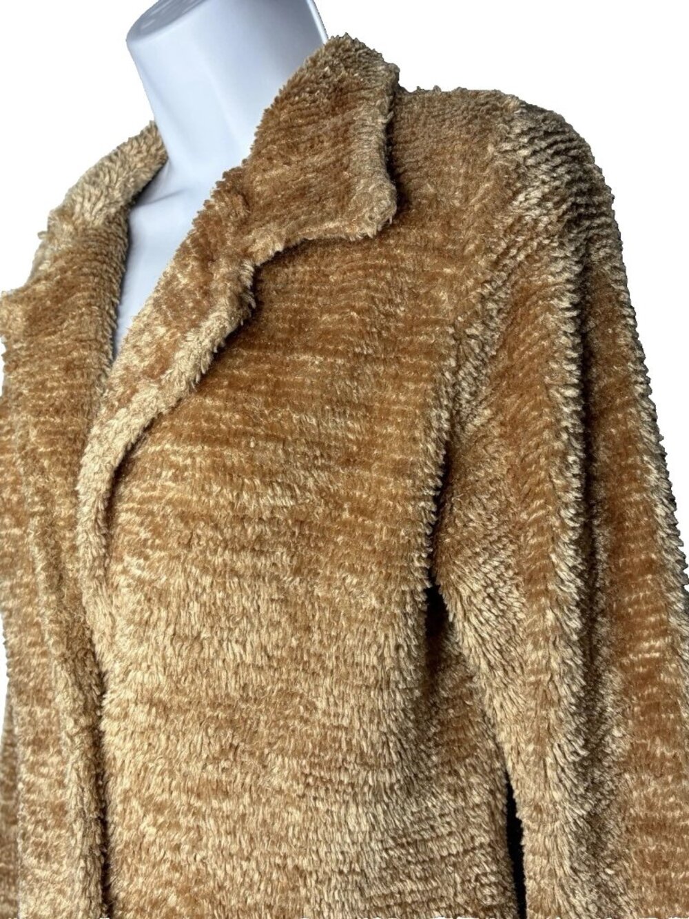 Vintage 90s Pretty Good Chenille Sweater Coat Size M Golden Brown Shag Longline - Picture 6 of 8